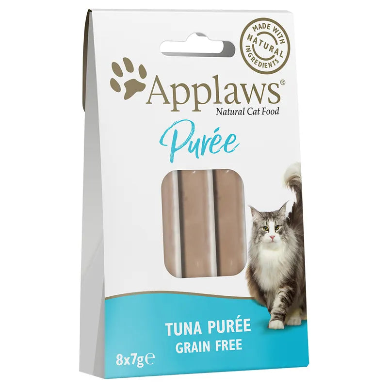 Packaging of Applaws Tuna Puree cat food with a cat on the side.
