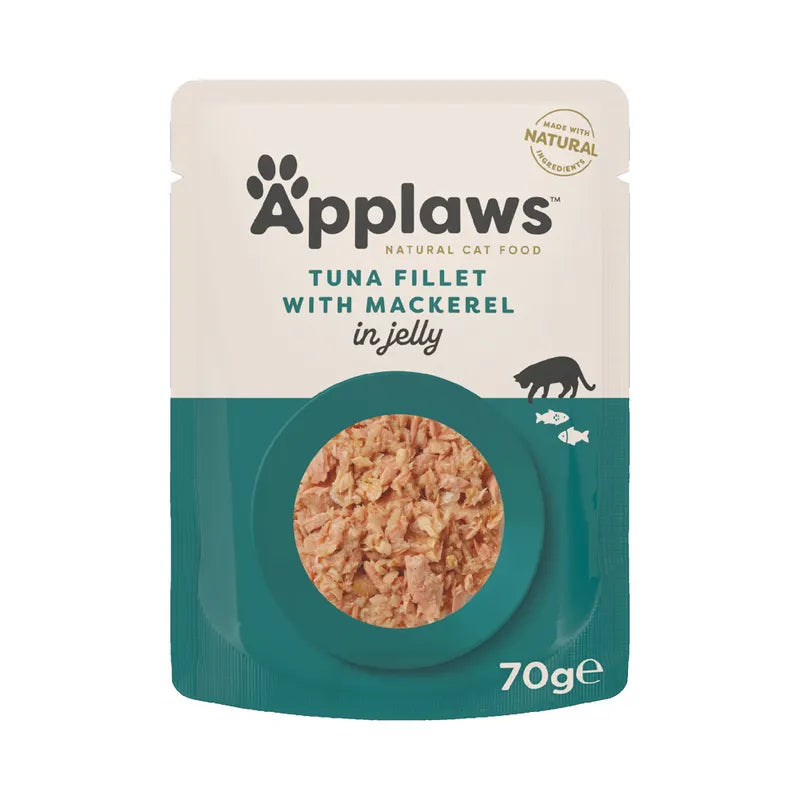 Pack of Applaws tuna fillet with mackerel in jelly cat food on a white background