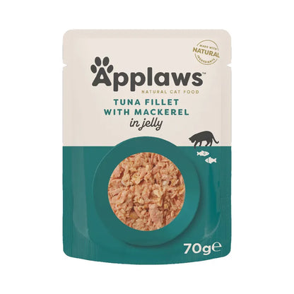 Pack of Applaws tuna fillet with mackerel in jelly cat food on a white background