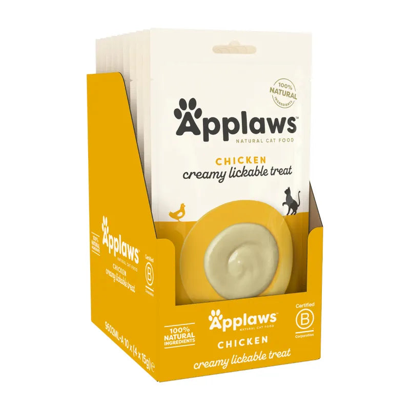 Packaging of Applaws chicken creamy lickable treat for cats on a white background