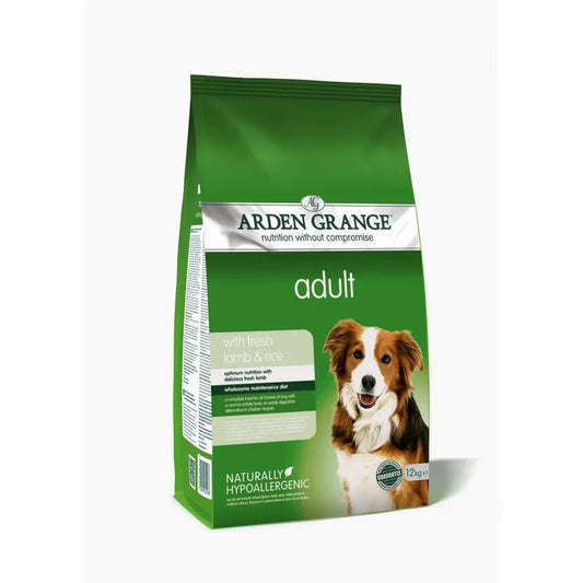 Green Arden Grange dog food package with a dog on the label against a white background