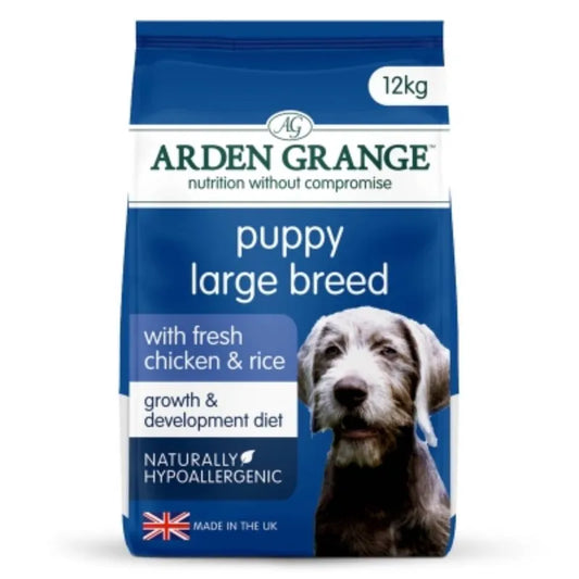 Arden Grange puppy large breed dog food package with a blue background