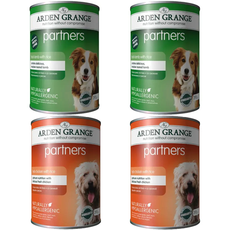 Four Arden Grange dog food cans on a white background