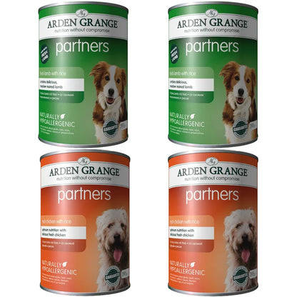 Four Arden Grange dog food cans on a white background