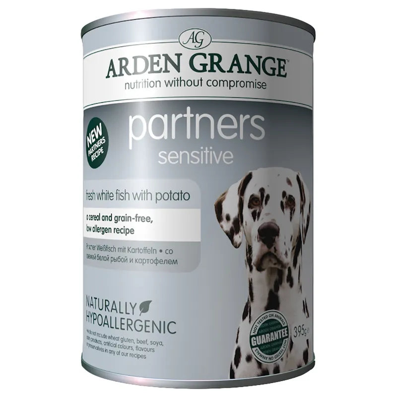 Arden Grange partners sensitive dog food can with Dalmatian dog on label