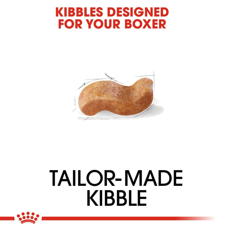 Dog kibble tailored for Boxer dogs with text on a white background