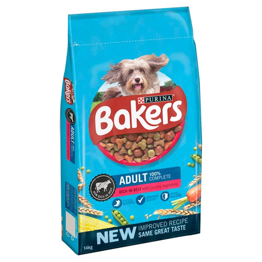 Bakers dog food package with a blue background