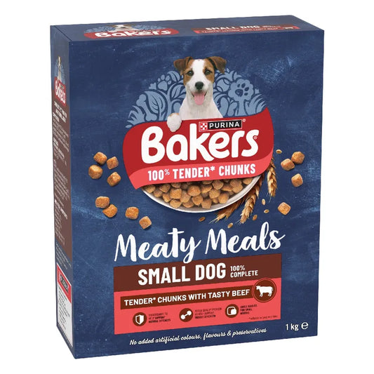 Bakers Small Dog Meaty Meals dog food packaging on a white background