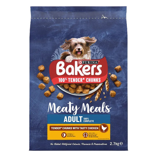 Bakers dog food package with a blue background and a dog on top