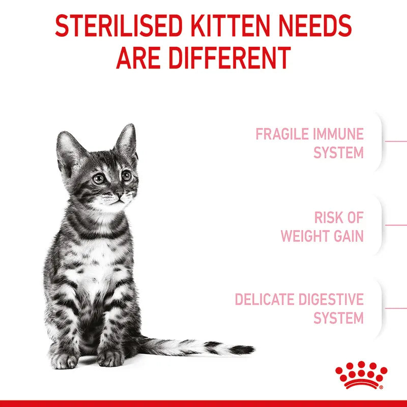 Advertisement for Royal Canin with a kitten illustration and text about sterilized kittens' needs.