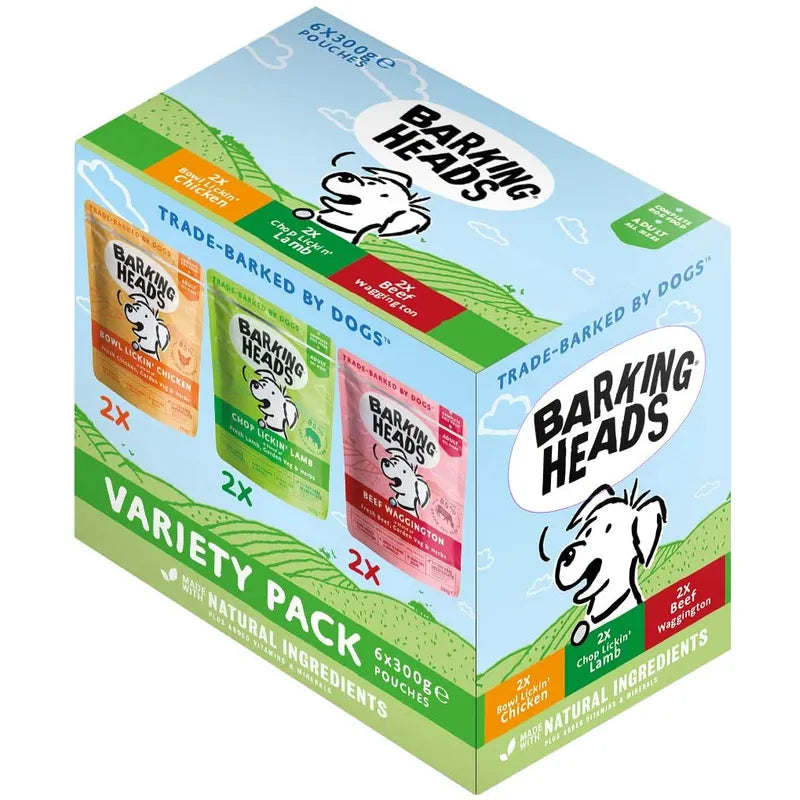 Barking Heads dog food variety pack box on a white background