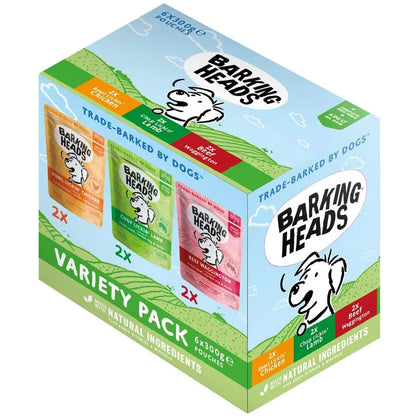 Barking Heads dog food variety pack box on a white background