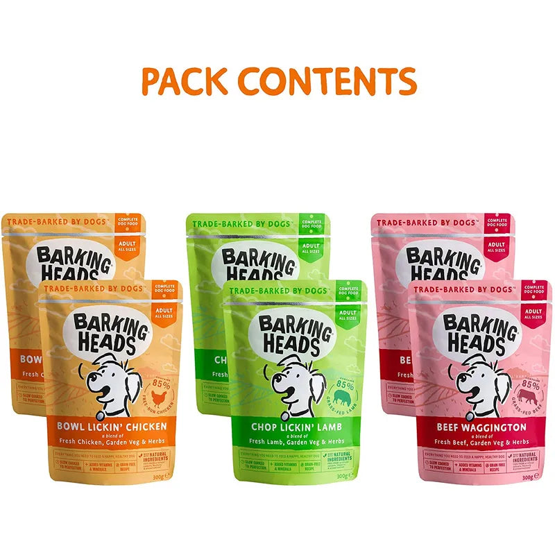 Barking Heads dog food packages in various flavors on a white background