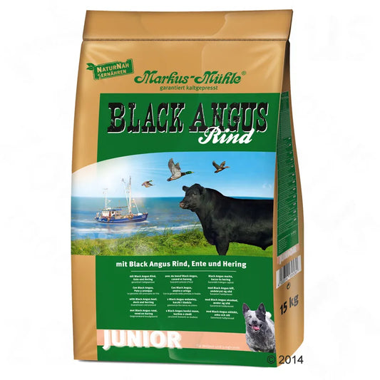 Dog food package with 'Black Angus' branding on a white background