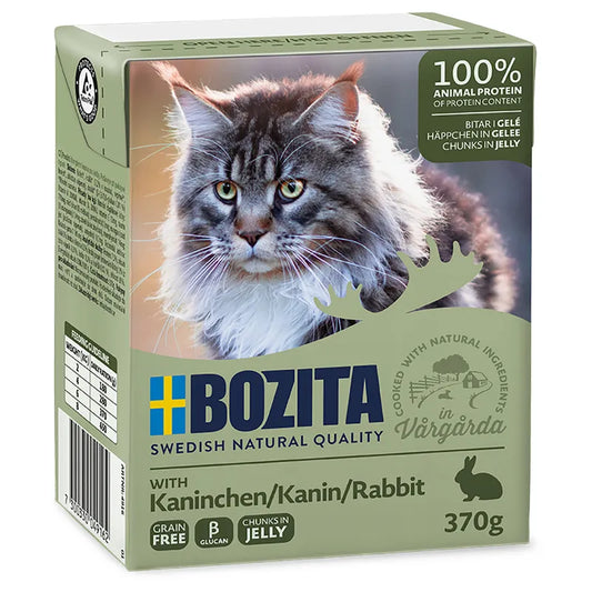 Bozita cat food packaging with a cat on the front, featuring the brand name and product details.
