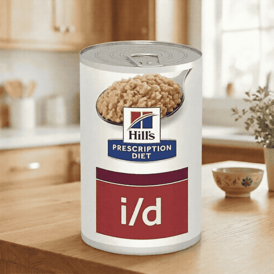 Can of Hills Prescription Diet i/d on a kitchen counter