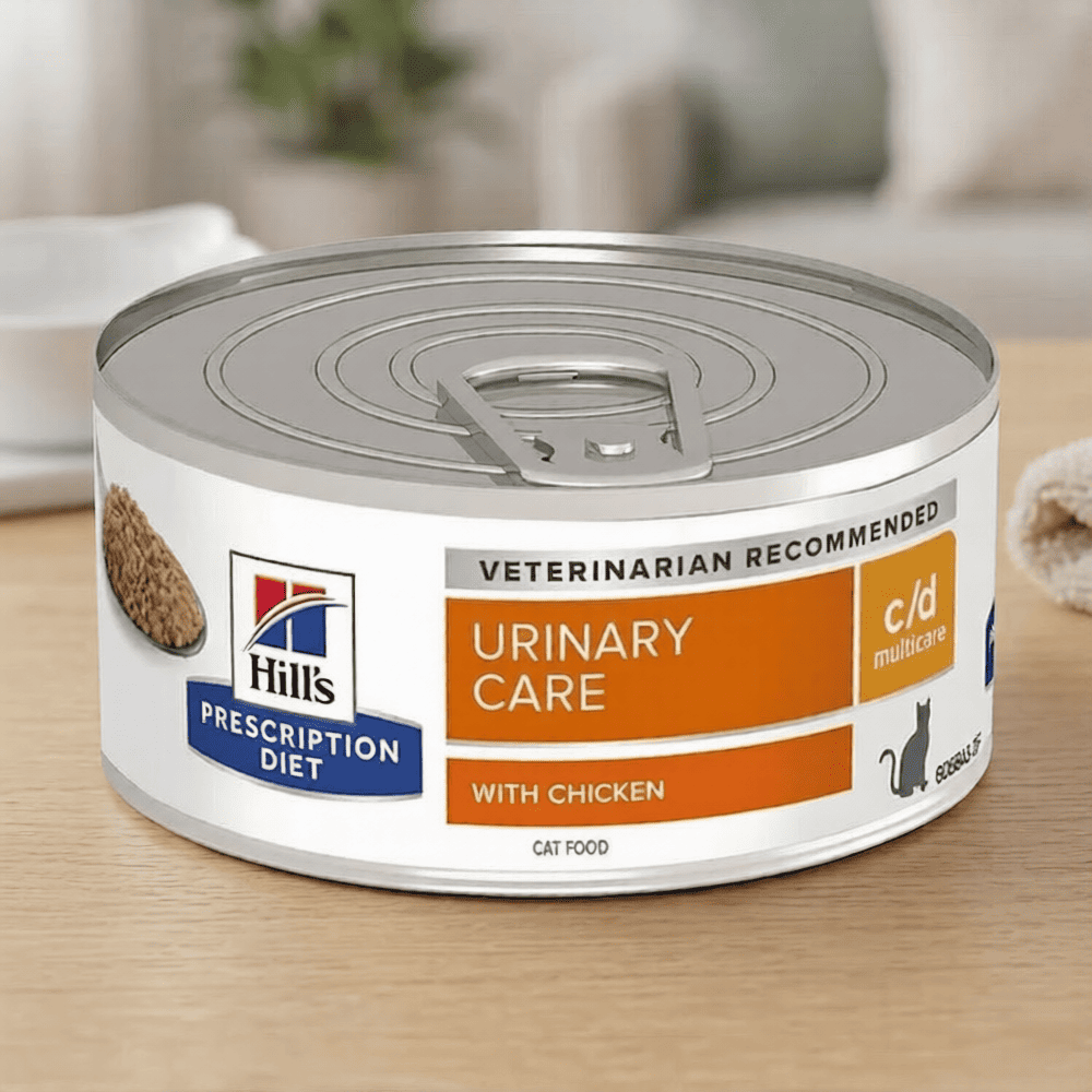 Can of Hills Prescription Diet Urinary Care cat food on a wooden surface