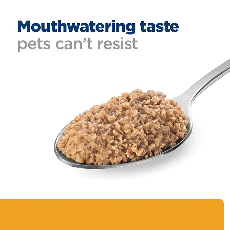 Spoonful of pet food with text 'Mouthwatering taste pets can't resist' on a white background