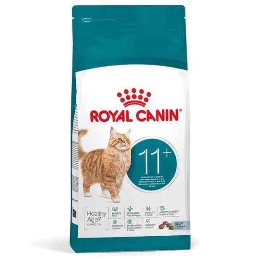 Royal Canin cat food package for cats aged 11 and above on a white background