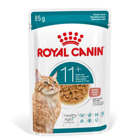 Royal Canin cat food pouch for senior cats over 11 years old on a white background