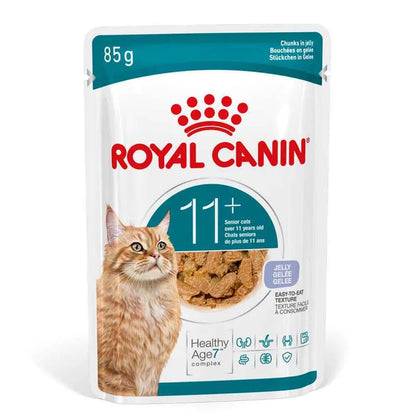 Royal Canin cat food pouch for senior cats on a white background