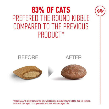 Comparison of round kibble before and after a change, with text indicating cat preference.