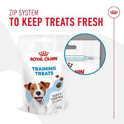 Royal Canin dog training treats packaging with a zip system feature highlighted.