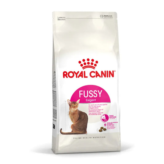 Royal Canin Fussy Exigent cat food bag on a white background
