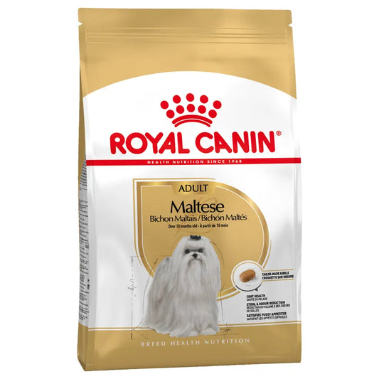 Royal Canin Maltese dog food packaging on a white background