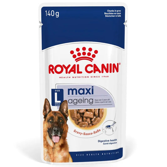 Royal Canin maxi ageing dog food package on a white background