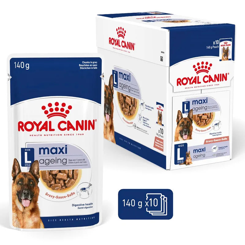 Royal Canin maxi ageing dog food packaging on a white background