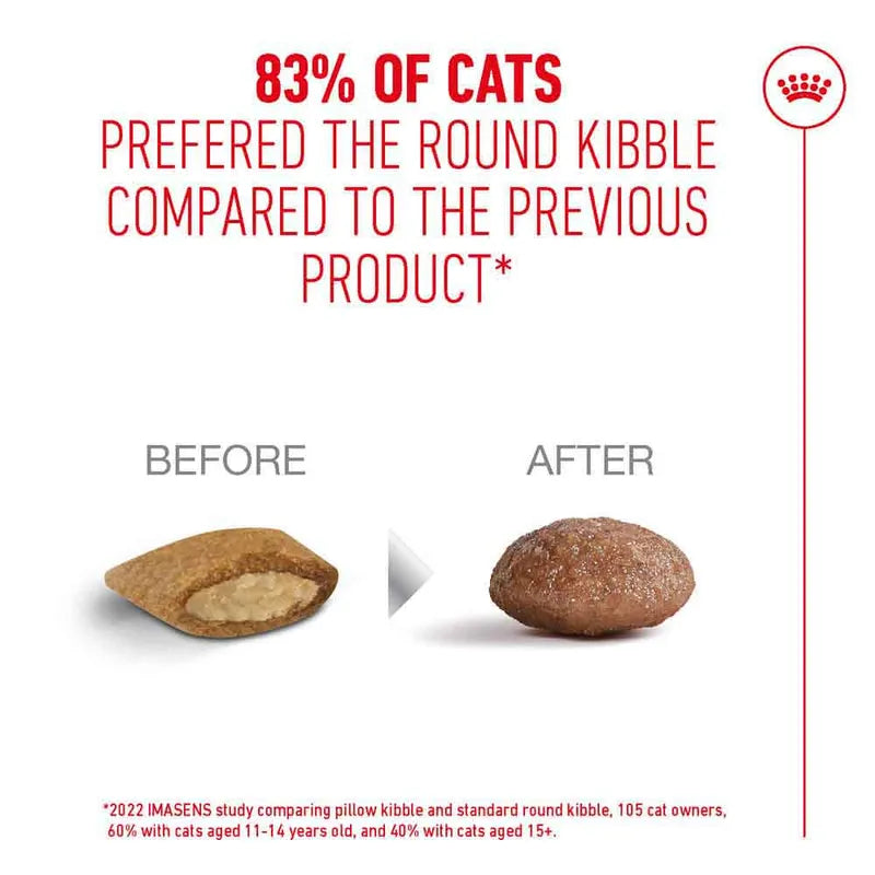 Comparison of round kibble before and after a product change, with text indicating cat preference.