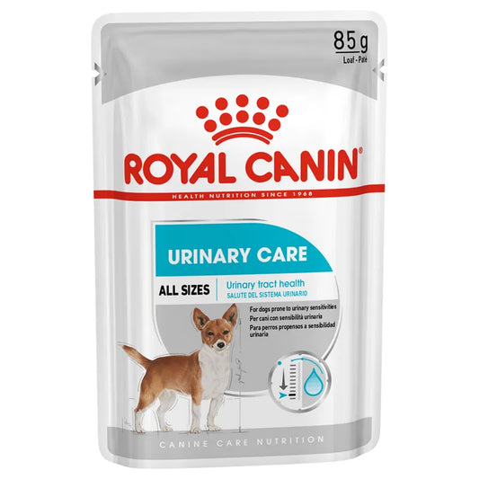 Royal Canin Urinary Care dog food pouch on a white background