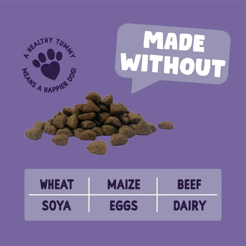 Dog food with 'Made Without' label on a purple background