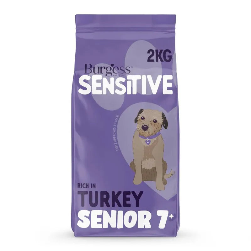 Purple bag of Burgess Sensitive dog food for senior dogs rich in turkey on a white background