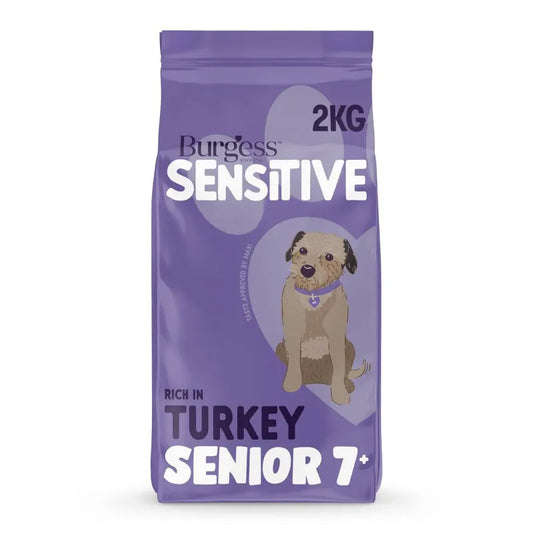 Purple bag of Burgess Sensitive dog food for senior dogs rich in turkey on a white background