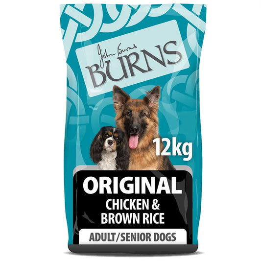 Bag of Burns dog food for adult and senior dogs with two dogs on a blue background