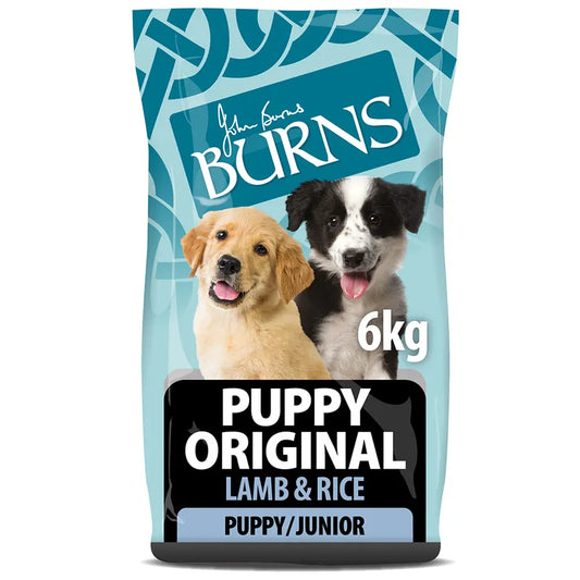 Burns Puppy Original Lamb & Rice dog food package on a white background