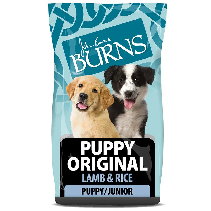 Burns Puppy Original Lamb & Rice dog food packaging with two puppies on a blue background