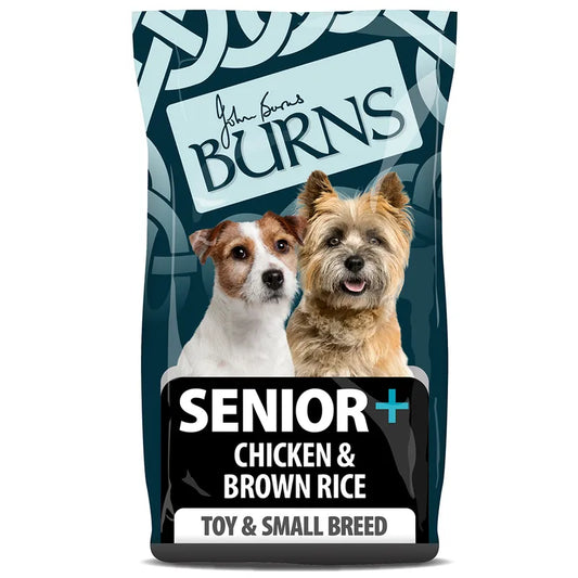 Bag of Burns senior dog food for toy and small breeds with two dogs on a blue background