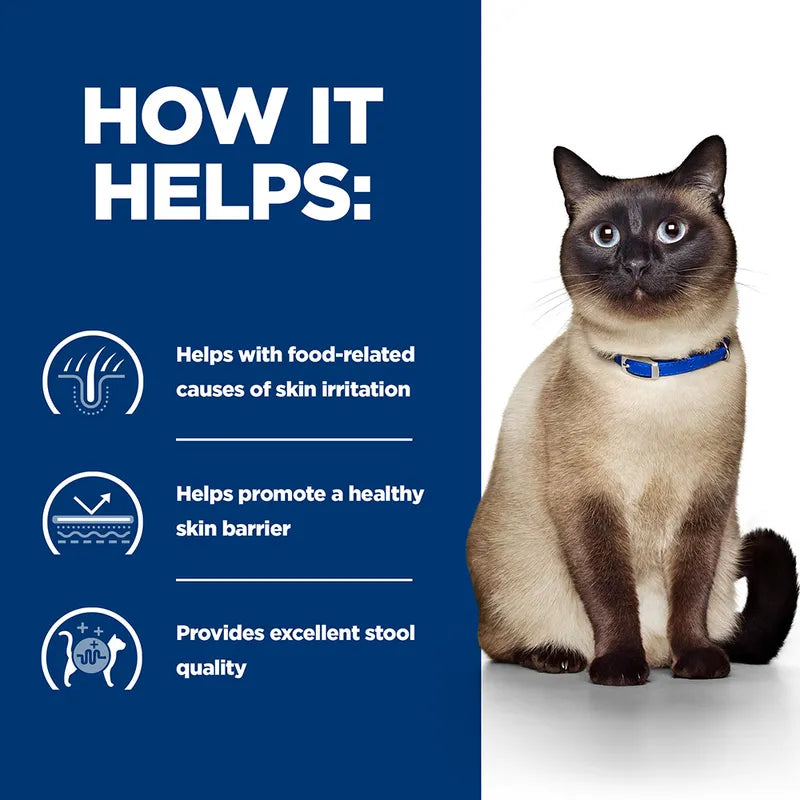 Cat wearing a blue collar with text on a blue background about the product's benefits.
