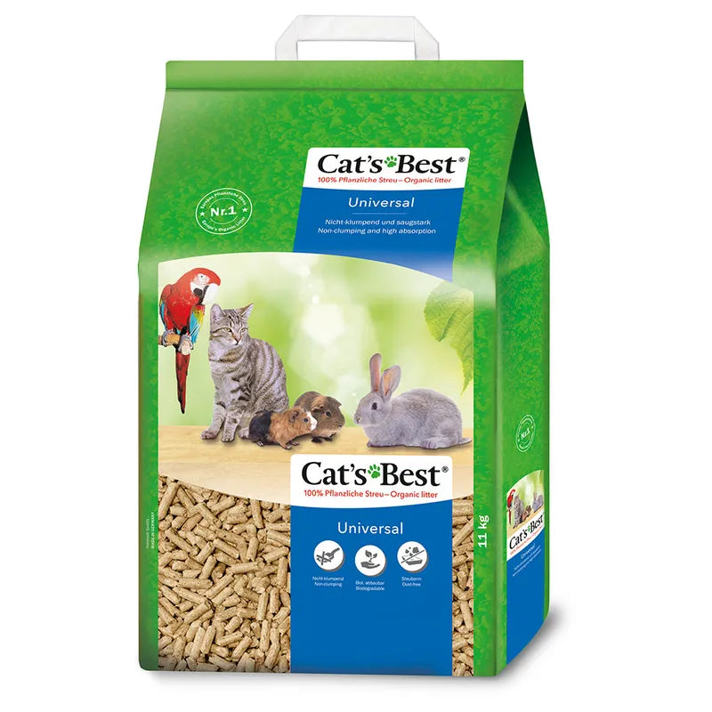 Bag of Cat's Best Universal pet food with images of a cat, parrot, and rabbit on a green background.