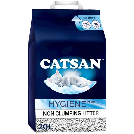 Catsan Hygiene Plus non-clumping litter packaging on a white background