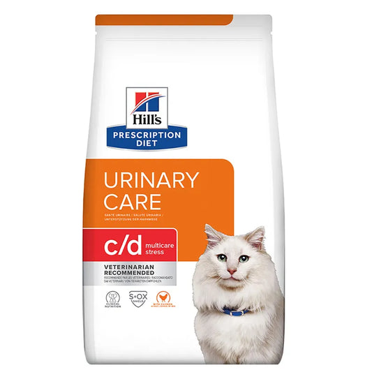 Hills Prescription Diet Urinary Care c/d multicare stress cat food bag with a cat on the label.