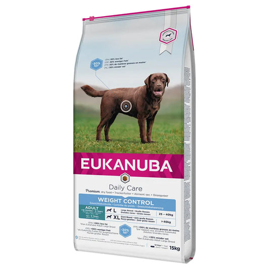 Eukanuba Daily Care Weight Control dog food package on a white background