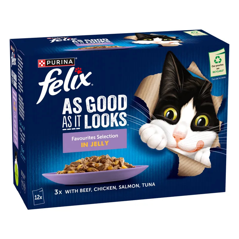 Felix cat food packaging with a cat on the front, featuring the brand name and product details.