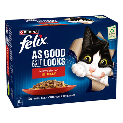 Felix cat food packaging with a black and white cat illustration on a blue background