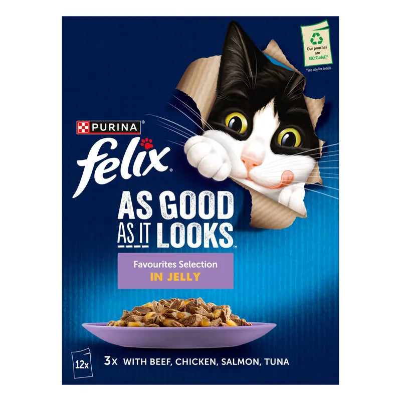 Felix cat food package with a cat on the front, featuring the brand name and product details.