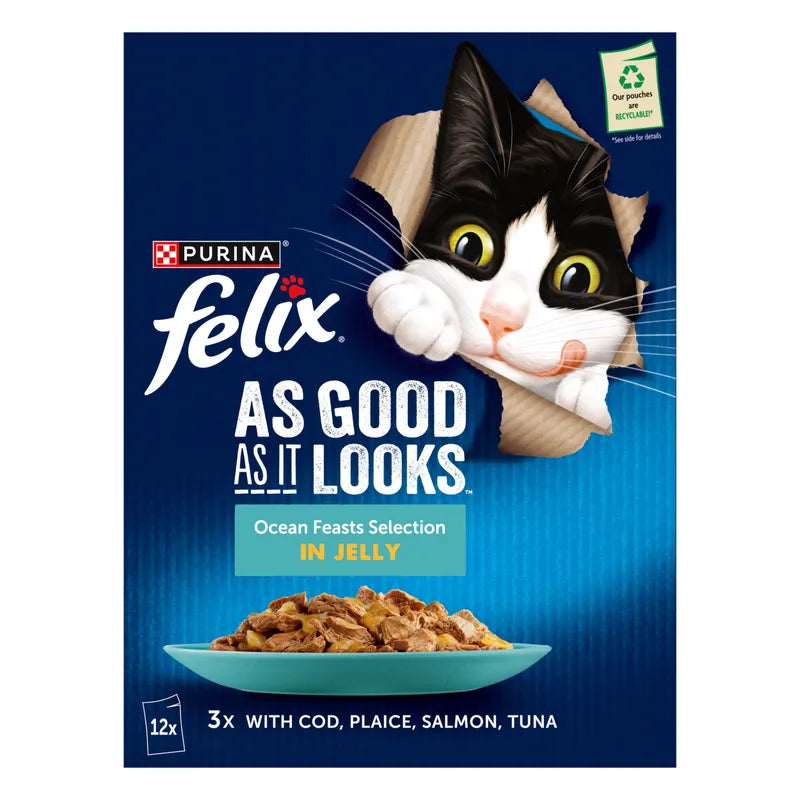 Felix cat food package with a cat illustration on a blue background