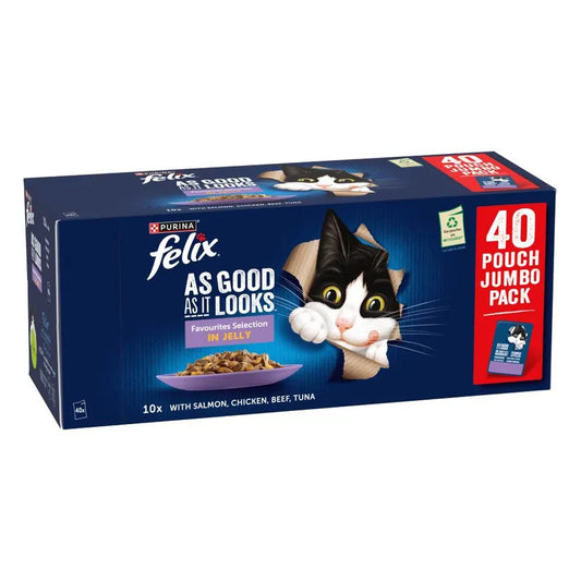 Box of Purina Felix cat food with a black and white cat illustration on a white background
